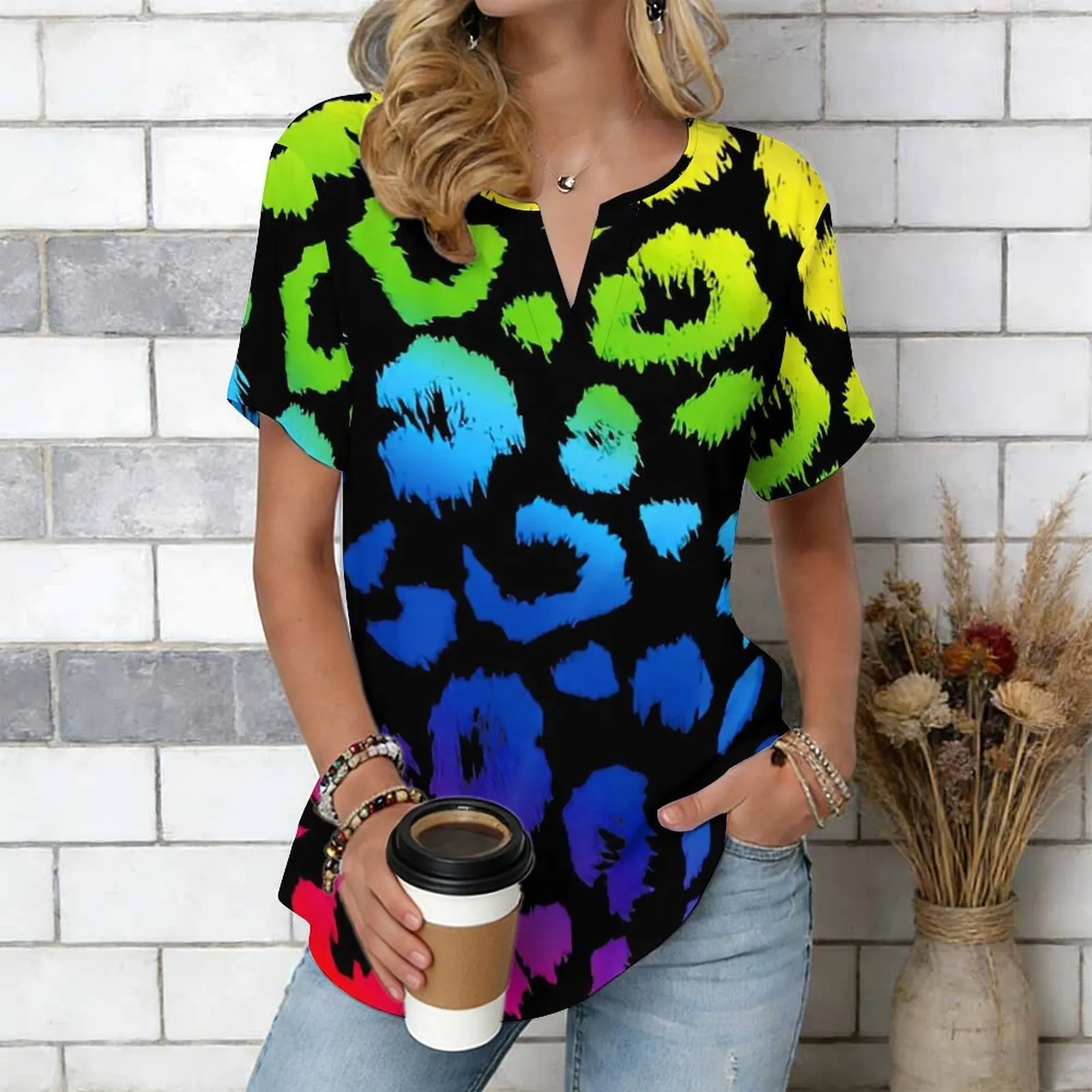 Women Print Notched V Neck Short Sleeve Casual Loose Tunic Tops