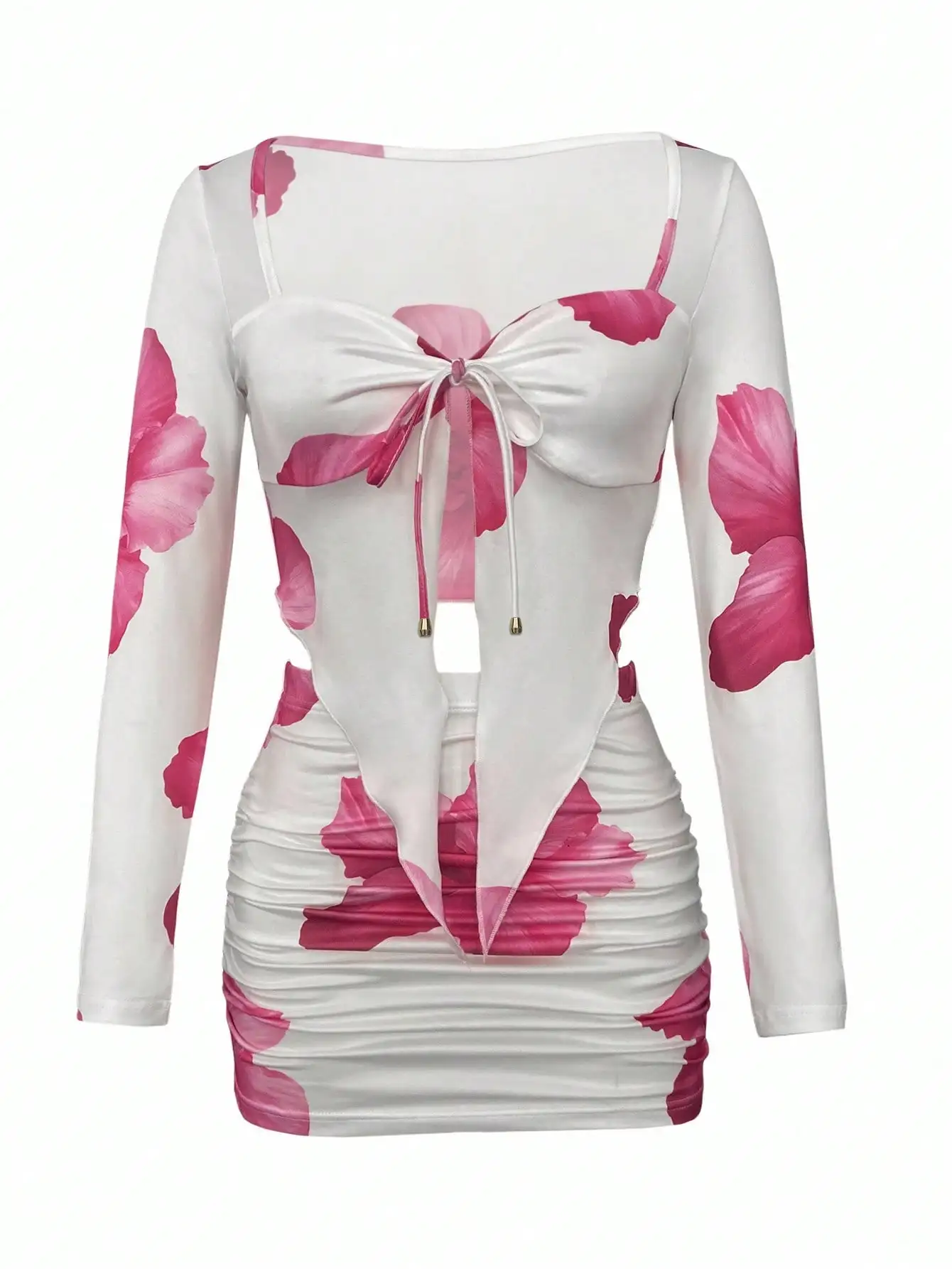 ชุดเดรสเข้ารูปแขนยาวพิมพ์ลายดอกไม้ของผู้หญิงพร้อมปมด้านหน้าและช่องเว้า ชุดมินิเดรสฤดูร้อนสุดเซ็กซี่