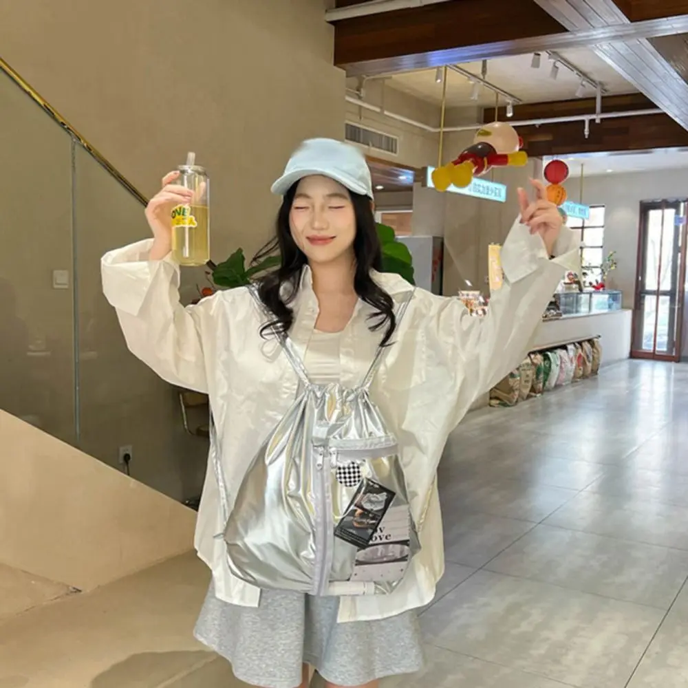 Mochila transparente con cordón de bolsillo, gran capacidad, PU plateado, estilo coreano, Itabag, diseño de moda, bolso de mano, bolso de hombro