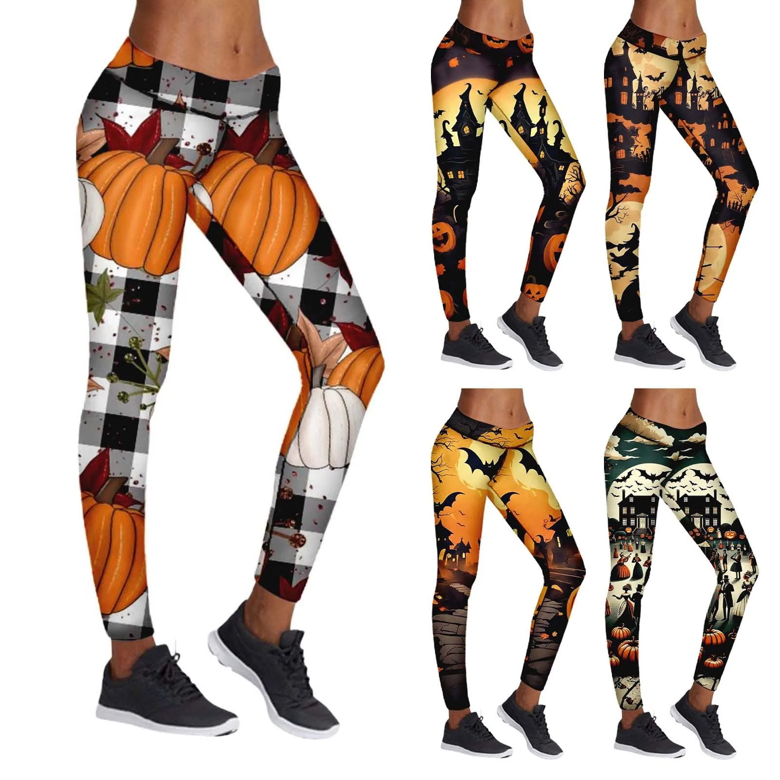 Women\'s Sexy Workout Casual 3d Printed Pants Pumpkin Terror Skull Halloween Trousers Slim Leggings Fashion High Waist Long Pants