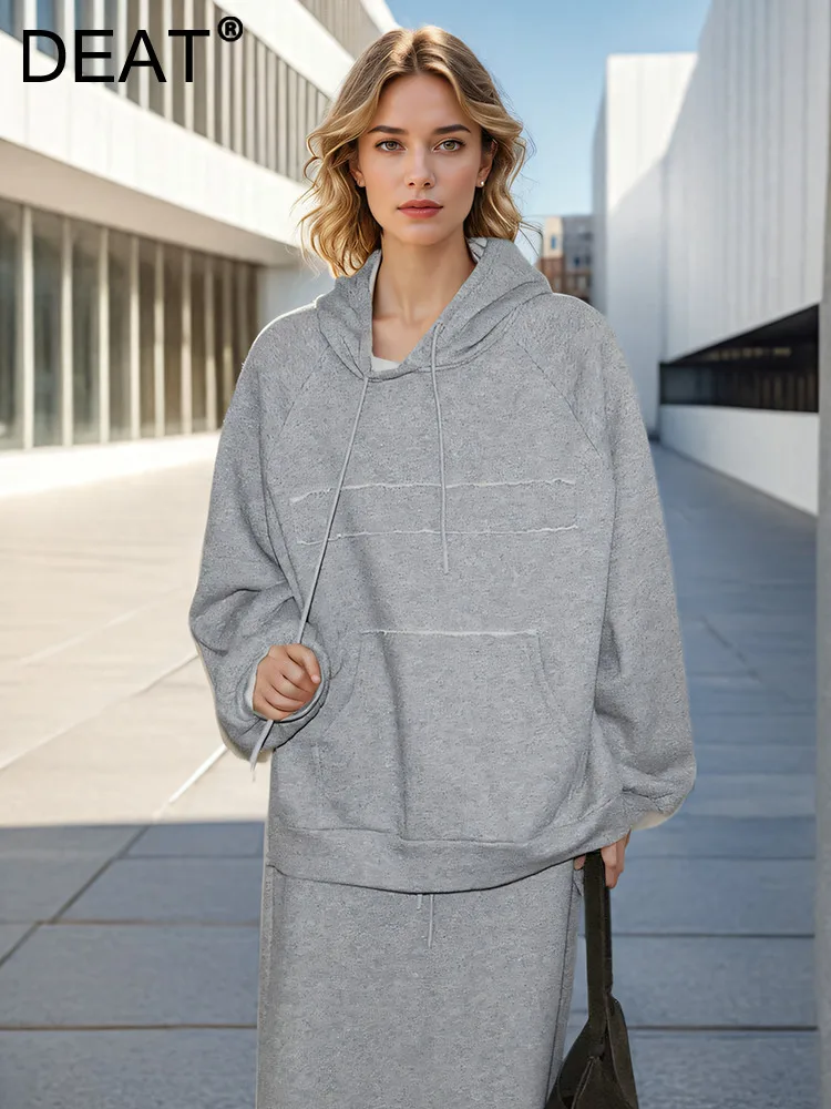 

DEAT Fashion Women's Hoodies Hooded Loose Drawstring Long Sleeves Gray Irregular Thick Sweatshirt Autumn 2024 New Tide 7AB5242