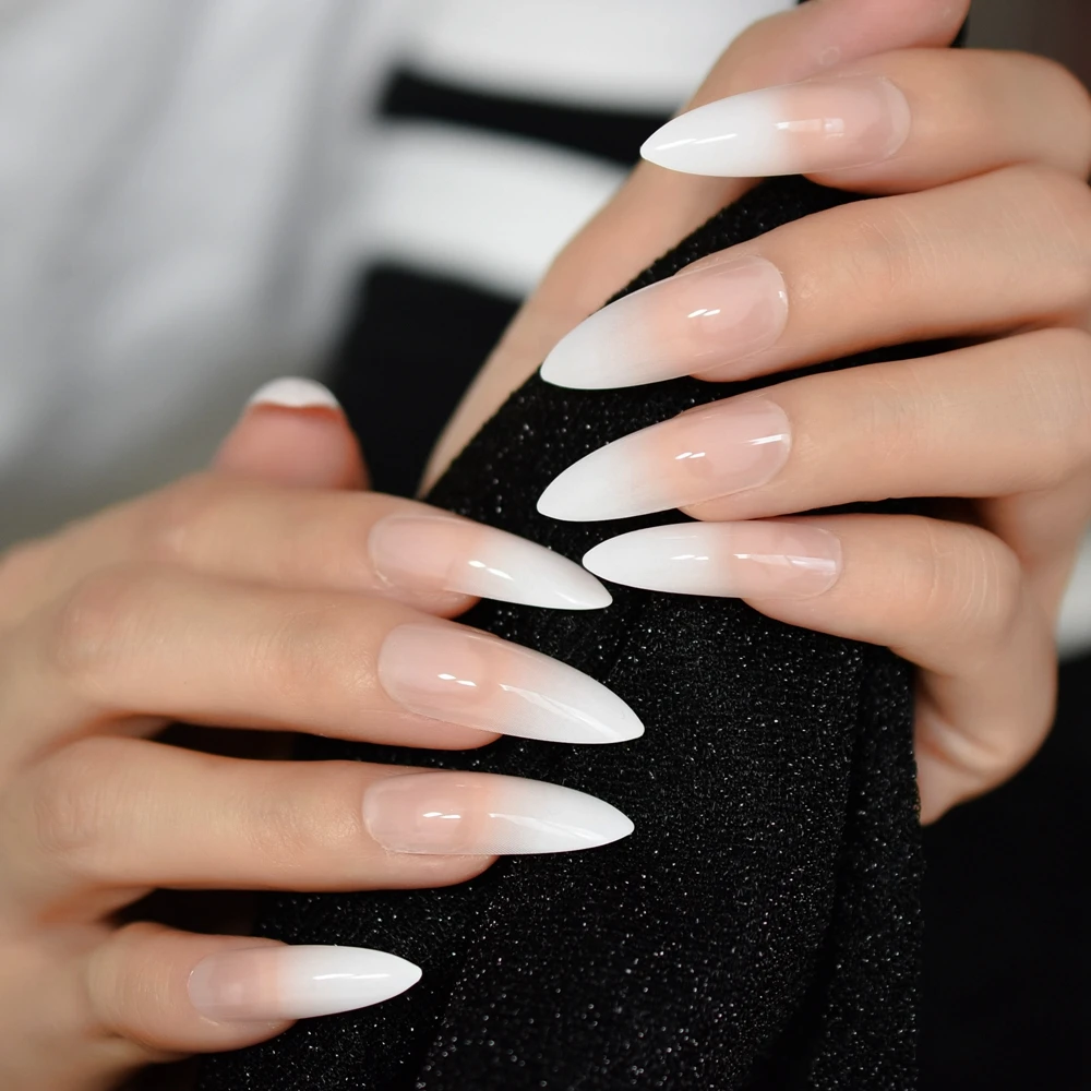 Ombre Extra Long French Nail Extreme Stiletto Gradient Nude White 24 Fake Nails Acrylic Nails Wholesale Manicure Tips With Tools