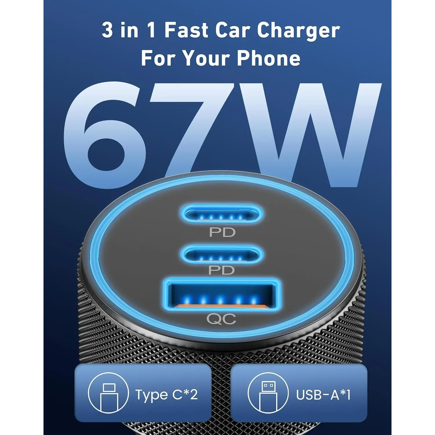 67W 3 Port Vehicle Fast Charger Adapter Dual PD Type C + QC USB A Multi Port Car Power Charger For Mobile Phone Tablet Laptop
