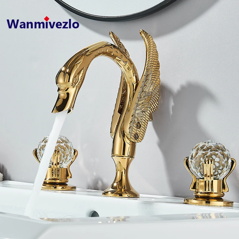 Wanmivezlo Gold Swan Basin Faucet Luxury Deck Mounted Dual Crystal Handle Bathroom Mixer Tap Cold and Hot Water Mixer Faucet