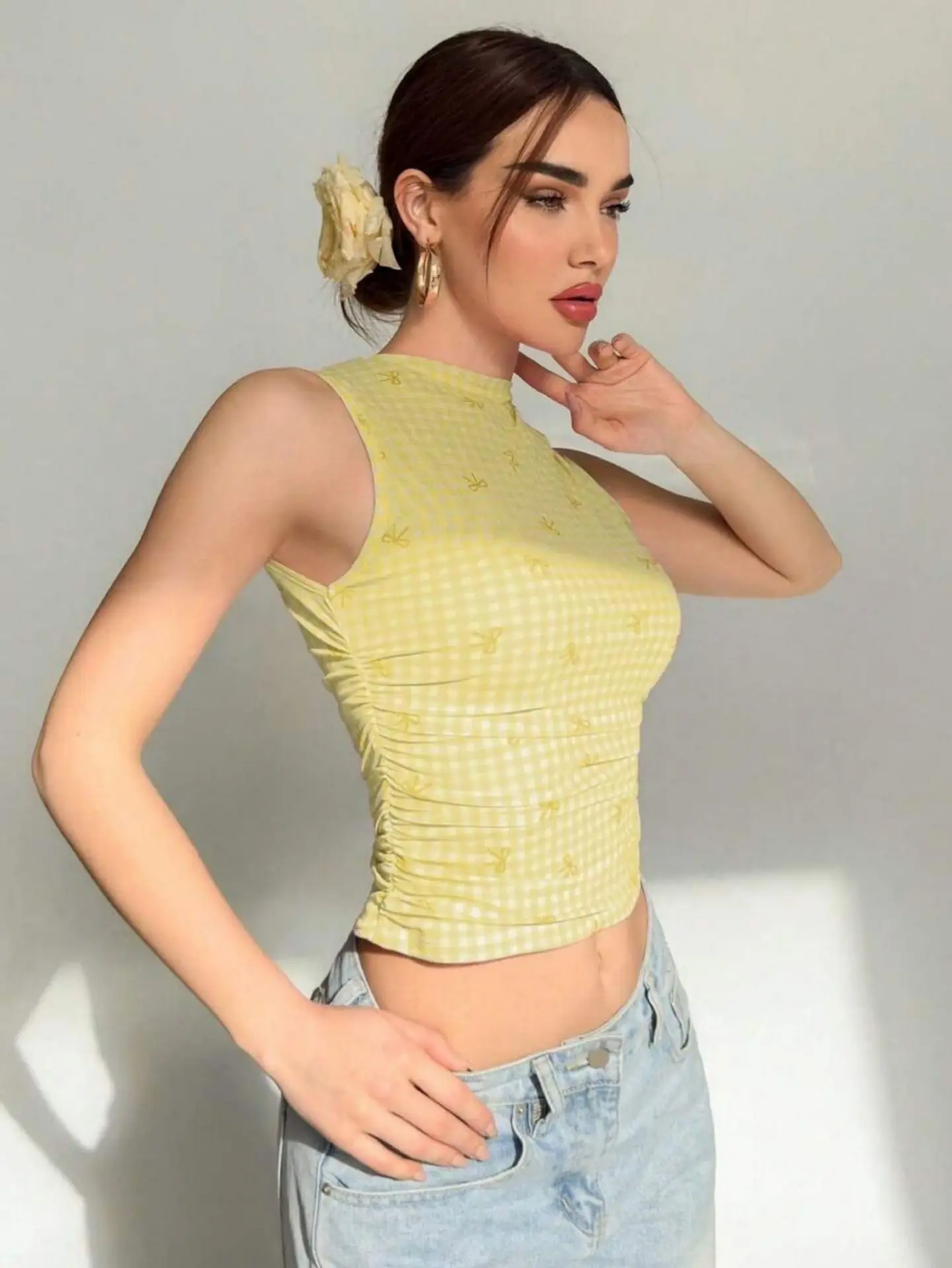 

Ladies Summer Knitted Plaid Butterfly Knot Print Sweet Vest Top round Neck Side Pleated Casual Versatile Slim Fit Crop Top