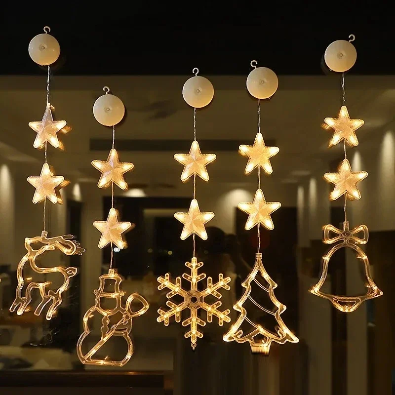 Christmas LED Light Snowflake Santa Hanging Sucker Lamp Window Night Lights Decoration for Home Xmas Navidad 2023 New Year Deco