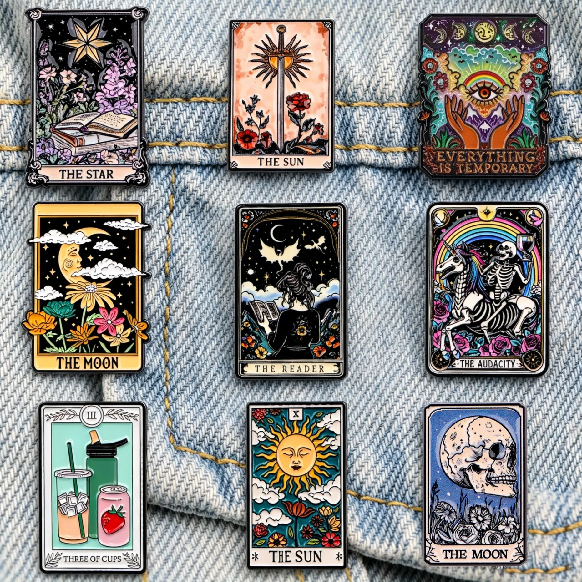 Tarot-Karten-Emaille-Anstecknadel, Stern-Sonne-Mond-Skelett-Brosche, Anstecknadel für Rucksack und Kleidung, Dekoration, Partygeschenke