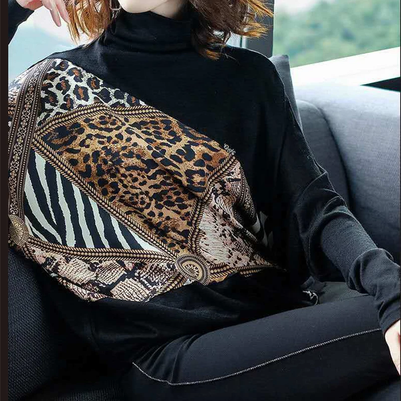 Turtleneck Leopard Patchwork Korean Long Sleeve Knitted Sweater Women Autumn Winter Casual Loose Street Knitwear Pullover Tops