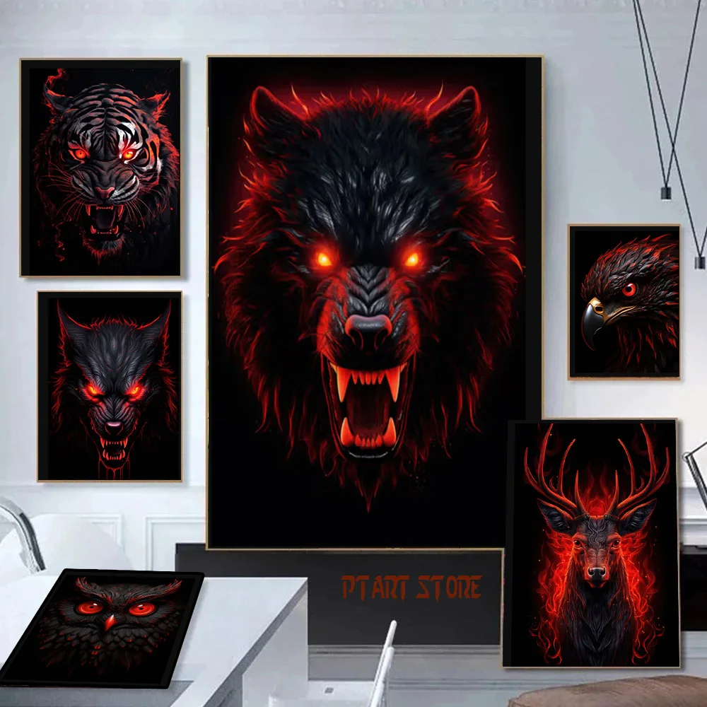 

Black and Red Wildlife Poster Print Fierce Evil Tiger Red Bear Owl Canvas Painting Wall Art Mural Living Room Home Decor Picture