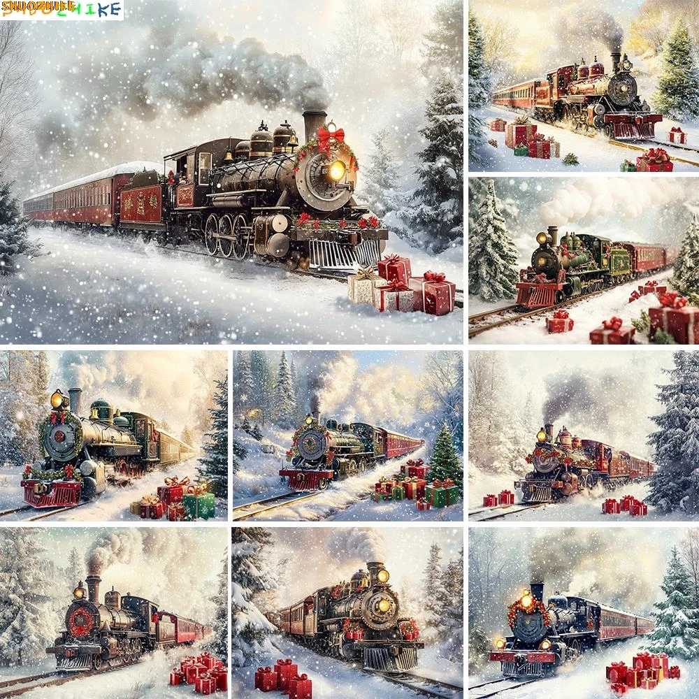 

Christmas Train Station Photography Backdrop New Year's Eve Snowy Xmas Tree Moon Background Winter Kids Photo Studio