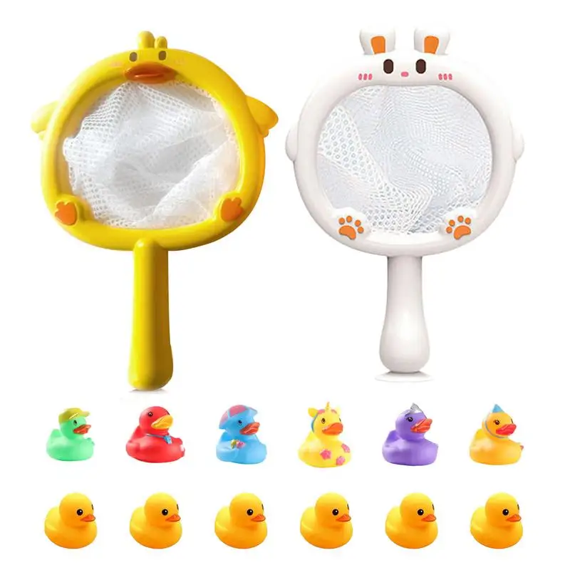 

Rubber Bath Toys 6 Mini Floating Duck Toys Bath Tub Pool Toy Set with Fish Net Cute Rubber Animal Toys Funny Bathtub Toy