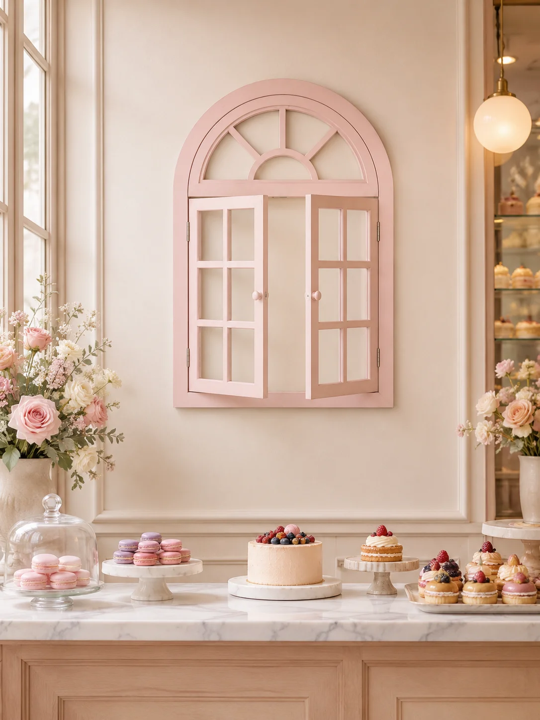 Pink Arched Faux Window Wall Decor with Hinged Double Doors, MDF Decorative Window Frame for Bedroom Nursery Living Room