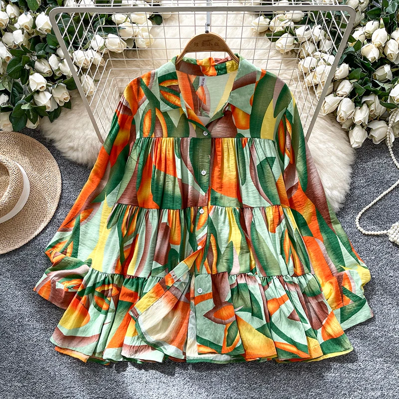 Lente Herfst Casual Shirt Met Lange Mouwen Vrouwen Grote Maat Losse en Veelzijdige Lantaarn Mouw Single Breasted Gedrukt Blouse C338