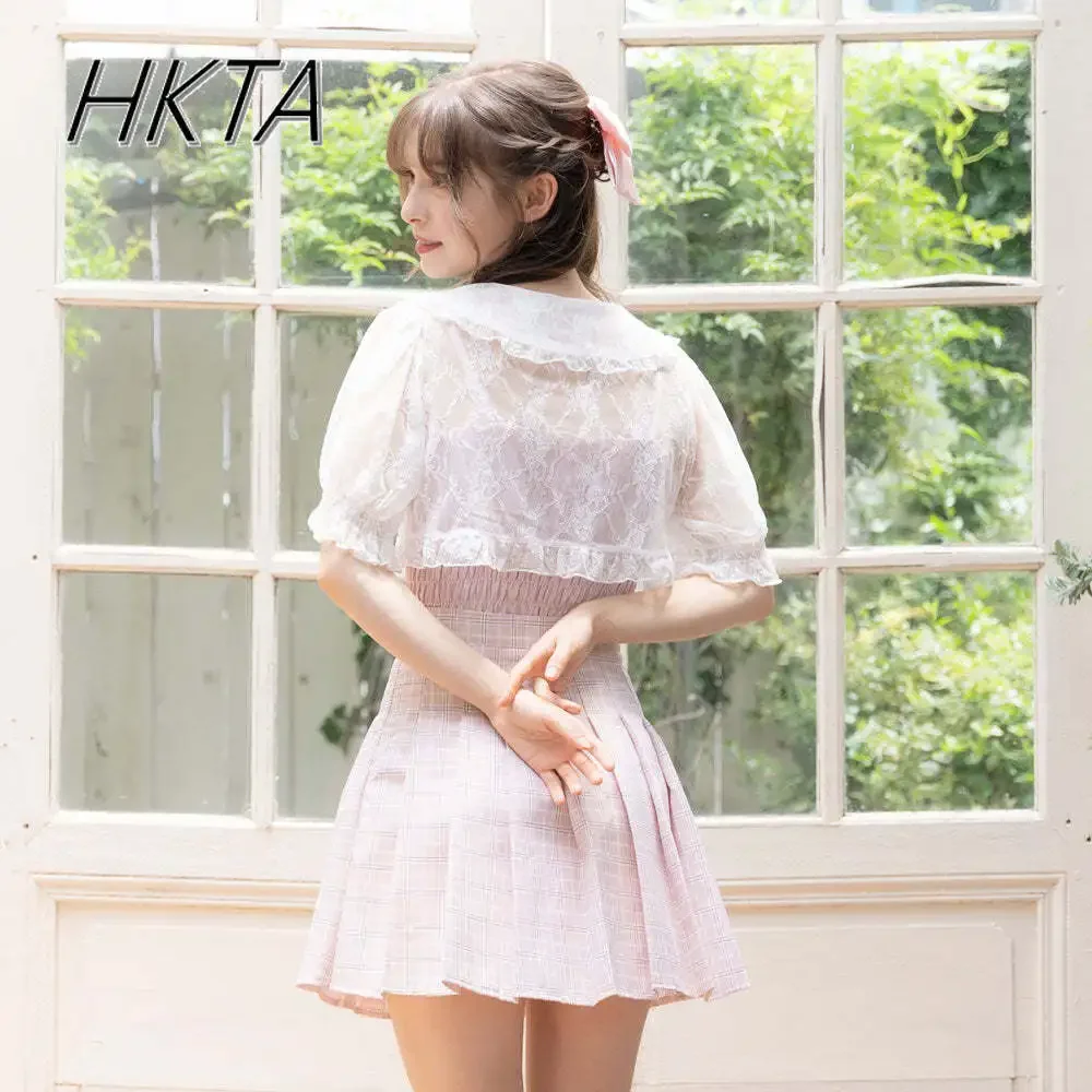 Summer New Sweet Japanese Style Lace Cape Shawl with Sling Two-Piece Set Lady Girls Slimming Lace Bow Short Sleeve Blouse Top