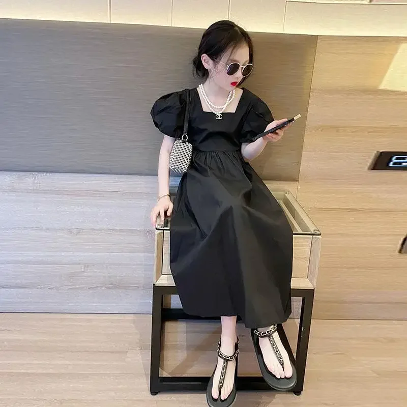 

2025 NEW summer kids teenager Girls clothes black boat neck high waist long Backless dress baby fashion 5 6 7 8 9 10 11 12 year