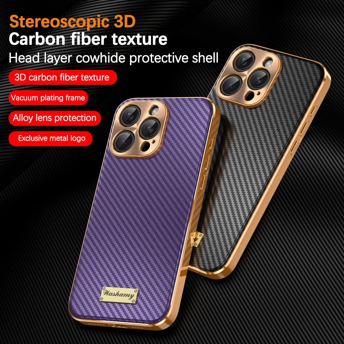 Luksusowe etui na telefon z powłoką galwaniczną, teksturą skóry i włókna węglowego, do iPhone'a 17 16 15 14 13 Pro Max Plus 17Air, ze stopu, z osłoną obiektywu, odporne na wstrząsy. — zdjęcie produktu 2