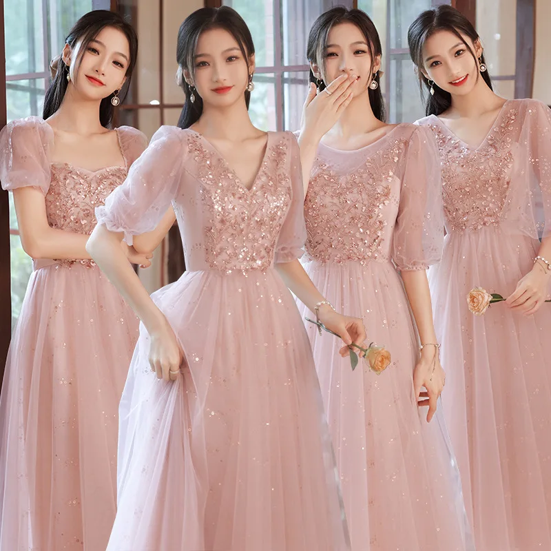 

Pink Tulle Bridesmaid Dress Women V-Neck Puff Sleeves A-line Sequin Graduation Dresses Exquisite Elegant Banquet Evening Dresses