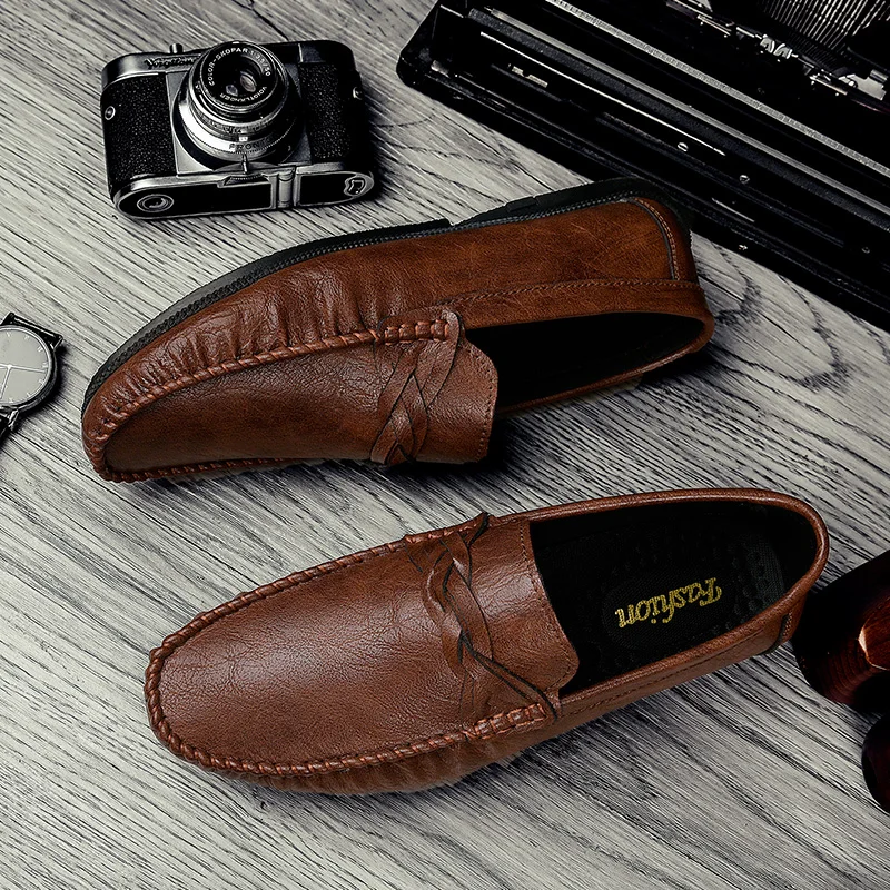 

Hot Sale Fashion Brown Men's Leather Loafers Large Size 47 Flat Driving Shoes Men Slip-on Casual Shoes for Men mocasines hombre