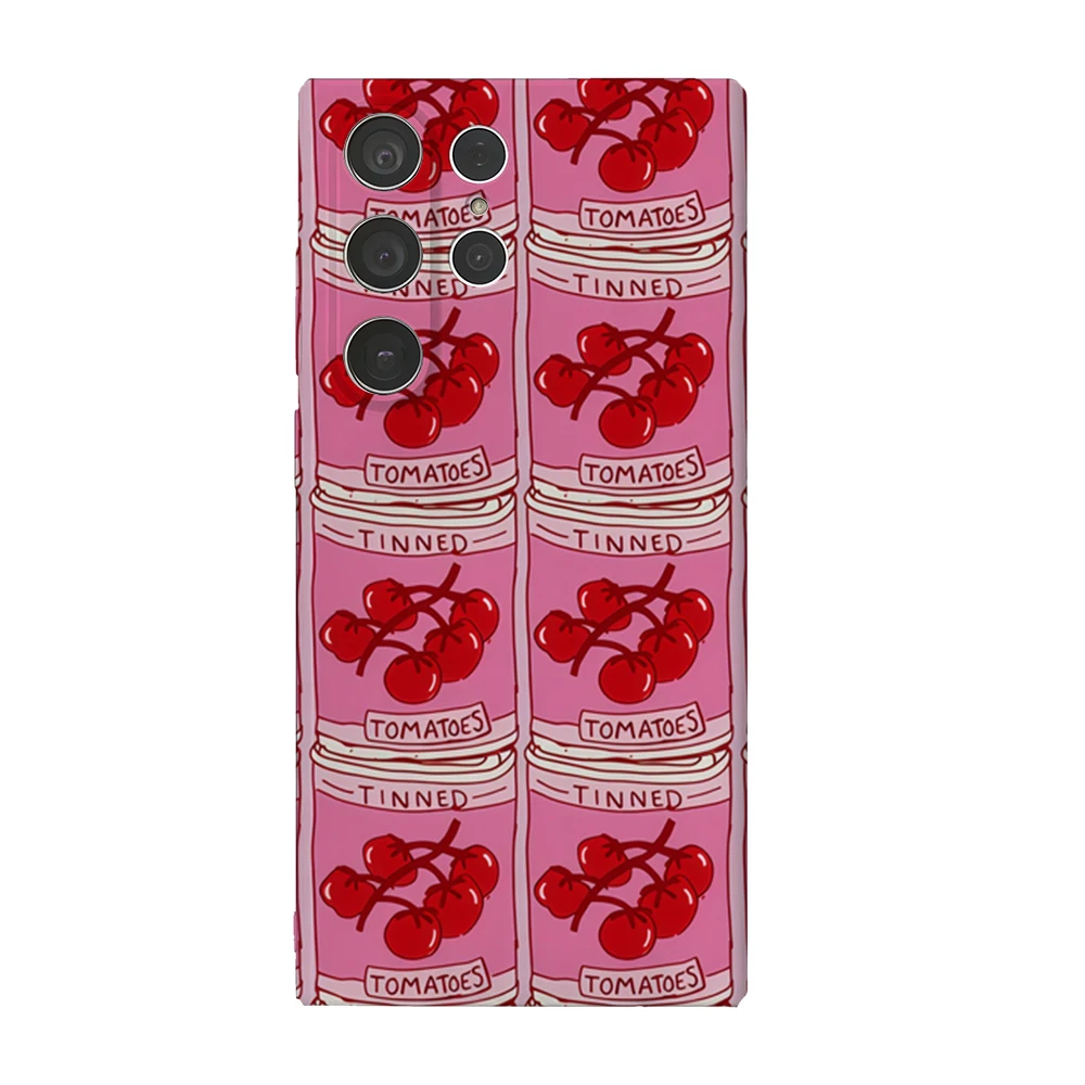 Caja de teléfono Retro de latas de tomate rosa para Samsung Galaxy S25 S24 S23 Ultra Plus A35 A55 carcasa de película dura HD brillante