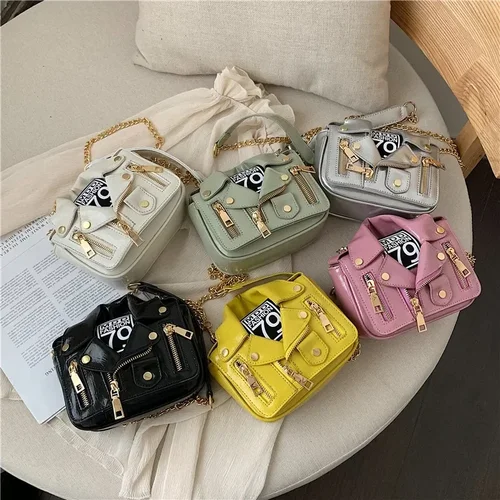 Imagen 2 del producto Bolsos de motocicleta de diseñador de marca famosa de moda europea, bolso de mensajero de hombro con forma de chaqueta de lujo, bolso de mano de cuero PU