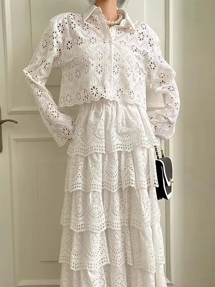 Retro Heavy Embroidery Lace Shirt Hollow out Hook Flower High Waist Cake Skirt Set Women's Fashion Spring Two-Piece Suit