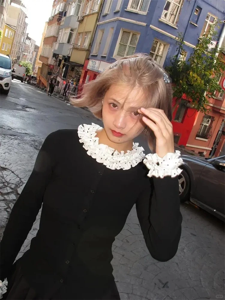 

Polka Dots Knit Cardigan Women Long Sleeve Slim Fit Ruffles Patchwork Sweater Korean Vintage Autumn Winter Button Knitwear Tops