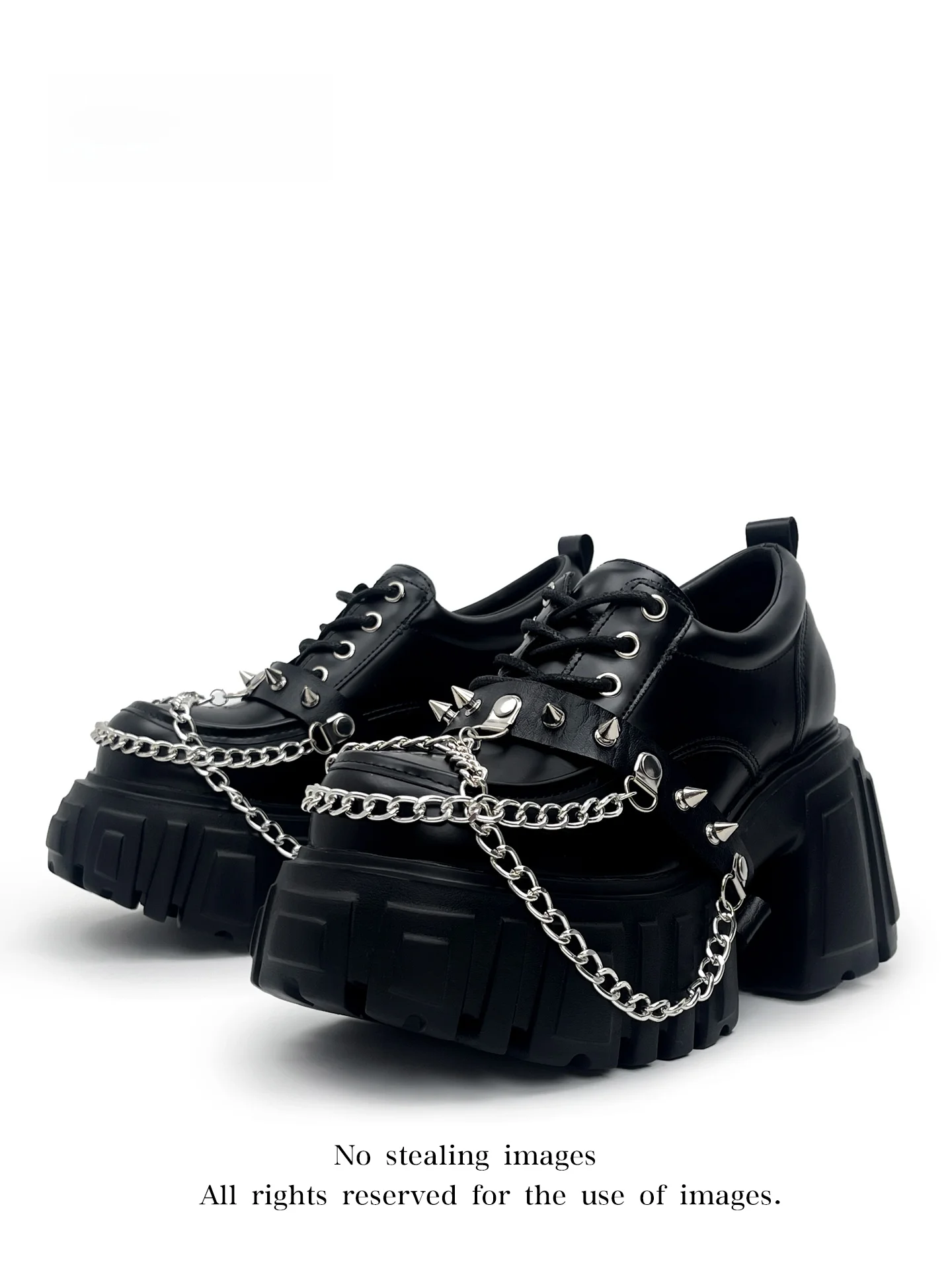 

MibVias Original Punk Style Chunky Heel Women's Shoes Dark Theme Low Cut Slip-On Fashionable round Toe Leather Upgraded