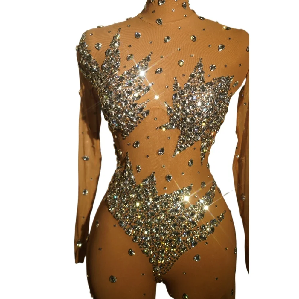 

Sparkly Rhinestones Jumpsuit Sexy Mesh See Through Nightclub Outfit Singer Dancer Performance Costume Show Stage Wear