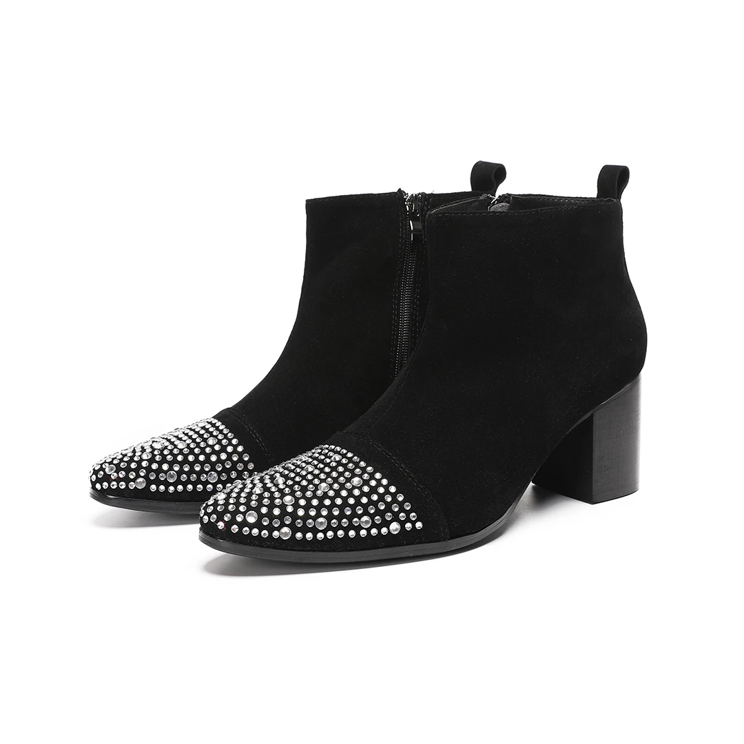 Botas de tobillo de tacón alto con diamantes de imitación de cuero de gamuza para hombre, con cremallera, punta puntiaguda, color negro, para discoteca, fiesta, botas cortas, tallas grandes.