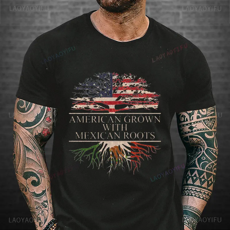 

American Grown with Mexican Roots Cotton Tshirt Mexican Independence Day Woman Man Graphic T Shirts Viva Mexico Unisex Tees