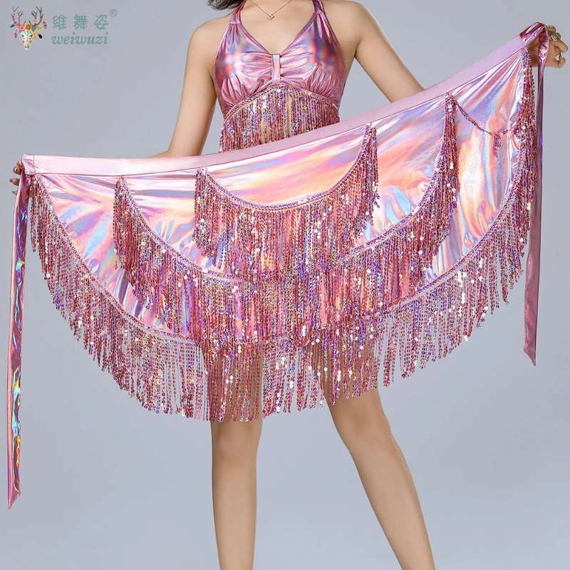 Latin Dance Sequined Fringed Hip Towel Belly Dance Fringed Towel Waist Chain Shake Towel Dance Skirt Patent Leather