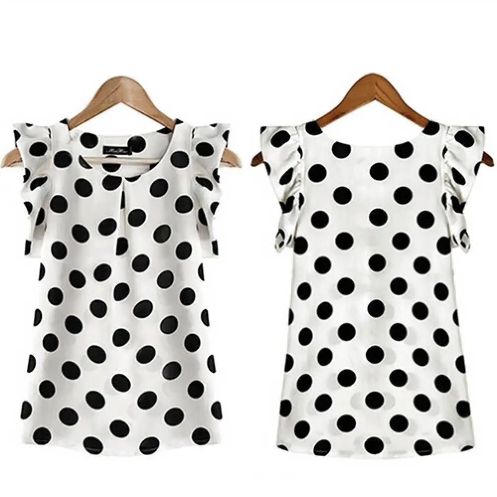 Women's Casual Korean Polka Dot Printed Chiffon Blouse Temperament All-match Female Clothing Round Neck Single-breasted Shirt