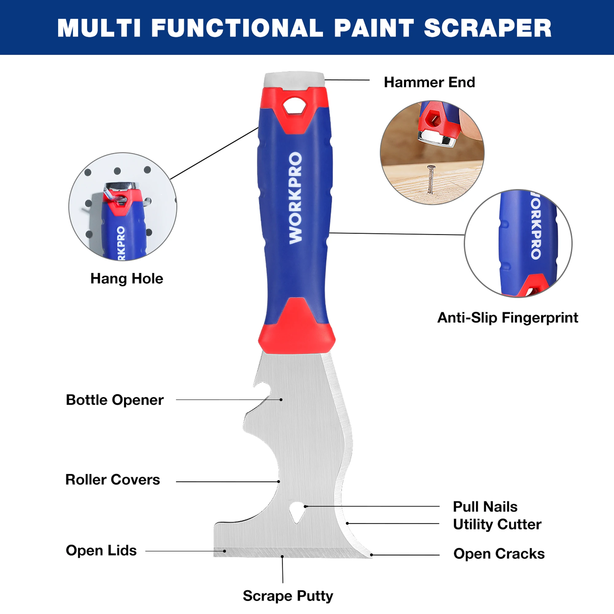 WORKPRO Outils pour cloisons sèches, couteau à mastic en acier inoxydable, couteau à ruban, grattoir à peinture 8 en 1 avec poêle à boue, ensemble de couteaux à crachoir pour cloisons sèches