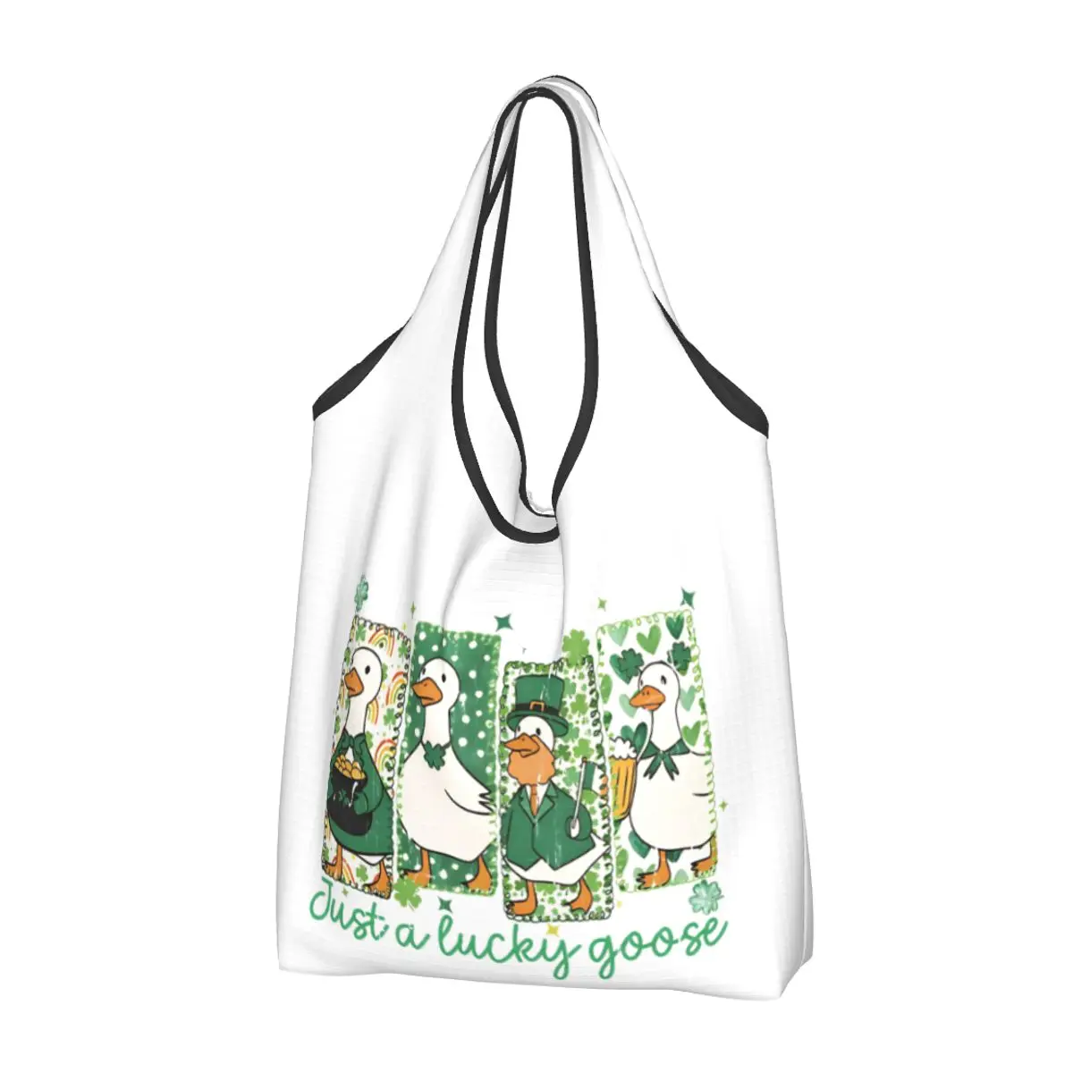 St Patrick's Day Just A Lucky Goose Shopping Bag Reusable Grocery Tote Bags Large Capacity Recycling Bags Washable Handbag