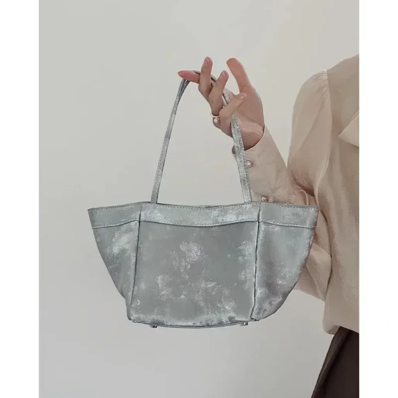 Xiuya Aesthetic Silver Womens Handbag 2024 New Fashion Chinese Style Bucket Bags Small Advanced Vintage Female Crossbody Bag