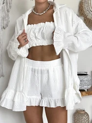 Linad Ruffle Pajamas For Women 3 Piece Sets White Long Sleeve Sleepwear Female Cotton Suits With Shorts 2024 Summer Casual