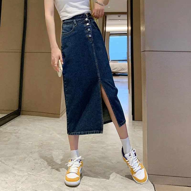 

Модная облегающая юбка трапециевидной формы средней длины с высокой талией, джинсовая юбка с разрезом для женщин, Новое поступление лета, повседневная хлопковая юбка