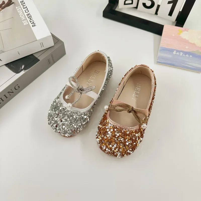 Girls Glitter Shoes for Wedding Party Kids Flat Rhinestone with Pendant Princess Sweet Little Children Dress Shoes Elastic Band