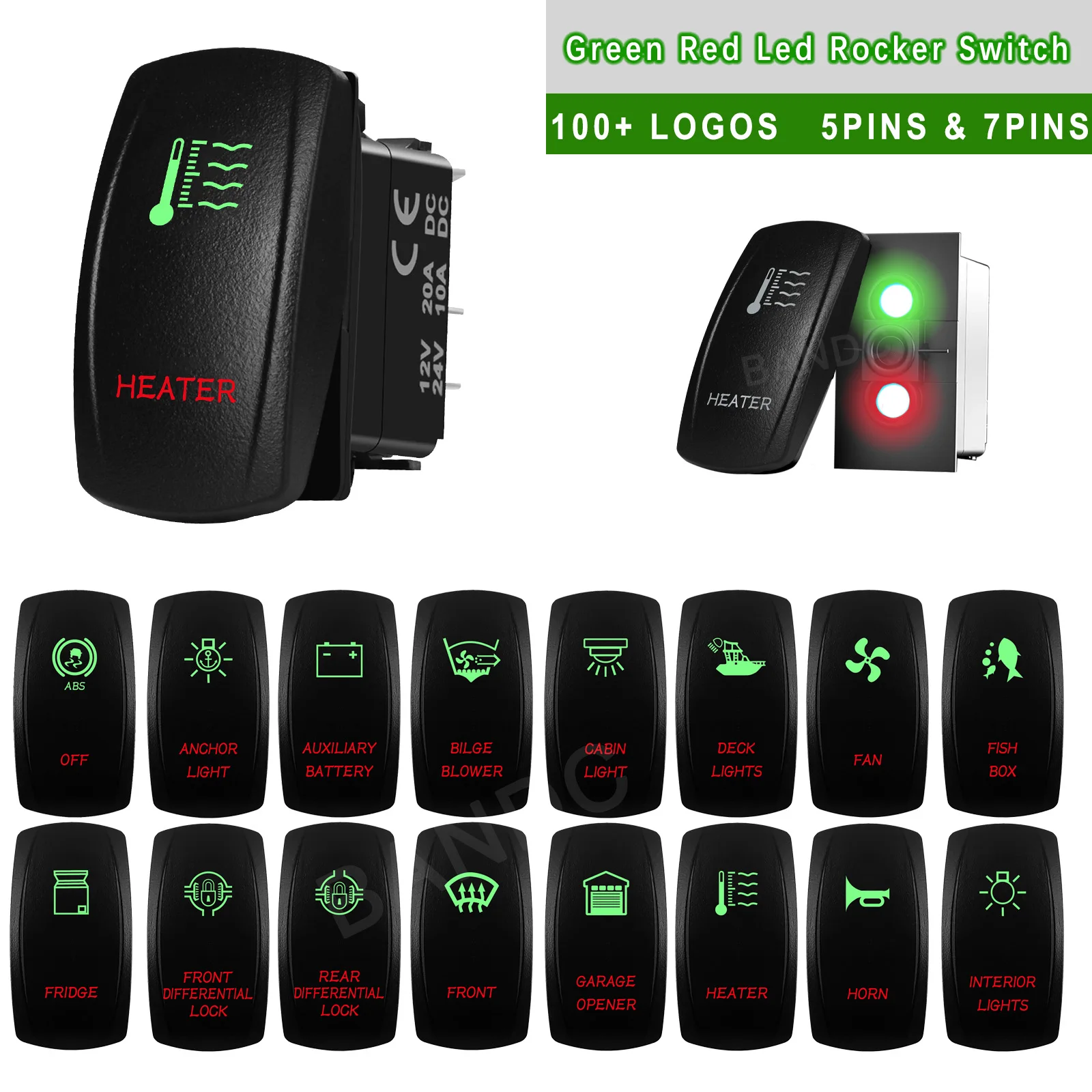Waterproof LED Rocker Switch for Boat, RV, Truck | Green/Red Light, 12V/24V ON-OFF/ON-OFF-ON for Exhaust, Heat, AC & Lights