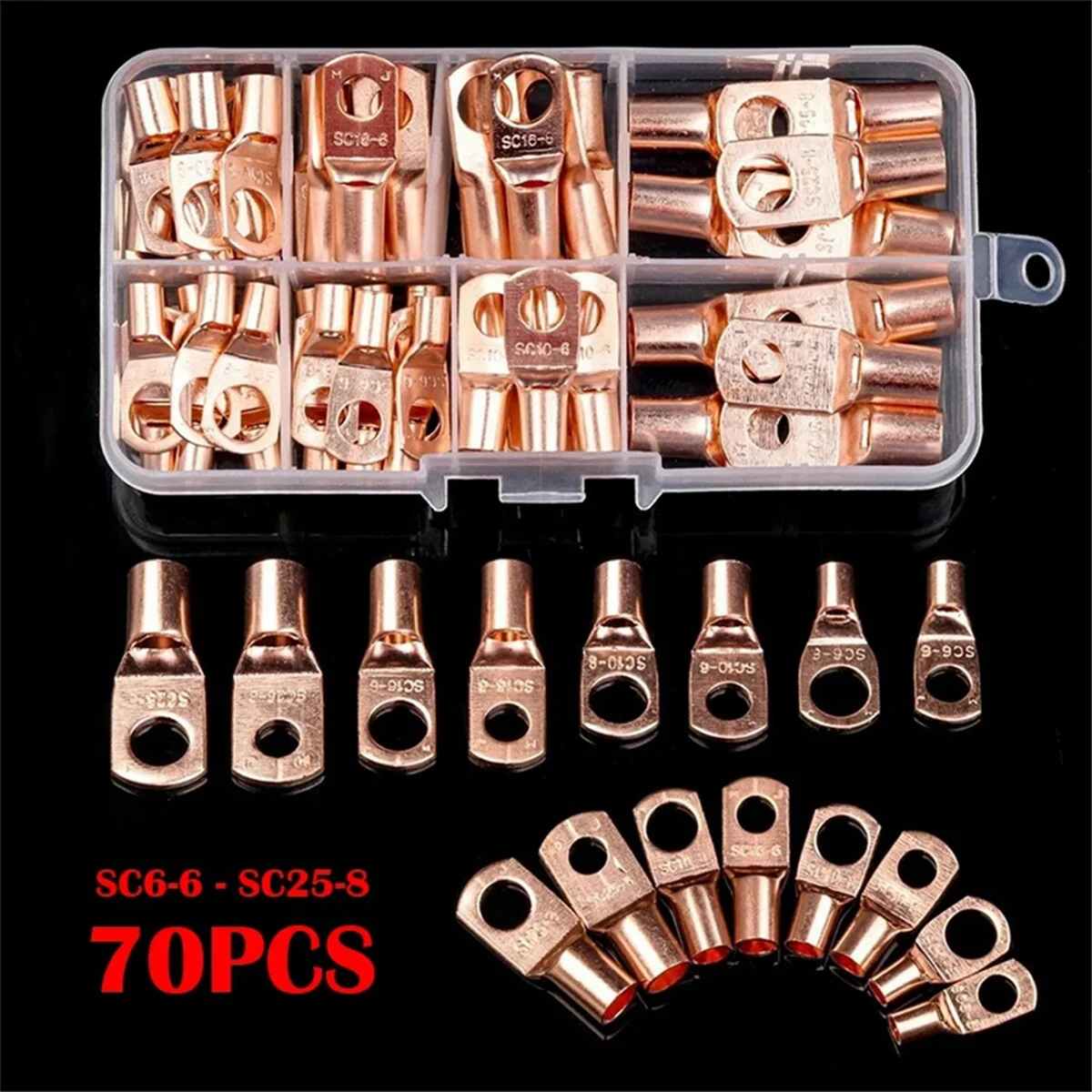 ABLK 70pcs Wire Lug Connector Ring SC6-25 Copper Connectors Bare Cable Electric Crimp Terminal Connector Kit