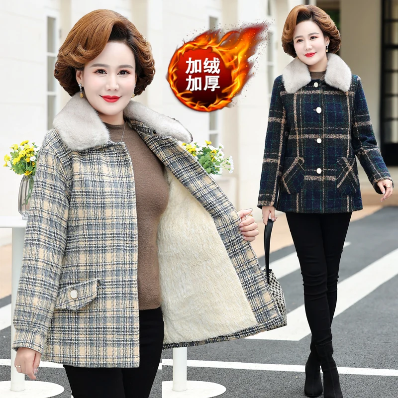 

Mother's Clothing Plaid Blend Woolen Jacket Winter Thicken Velvet Warm Parkas Coat Middle-aged Women Elegant Woolen Outerwear