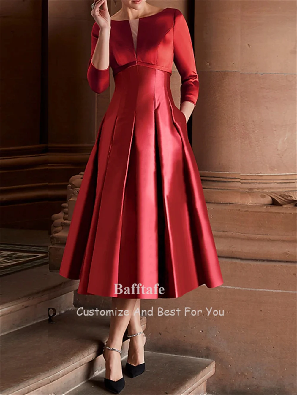 Bafftafe A Line Satin Midi Prom Dresses 3/4 Sleeves Women Outfits Pockets Formal Party Dress Pleated Evening Gowns Customized