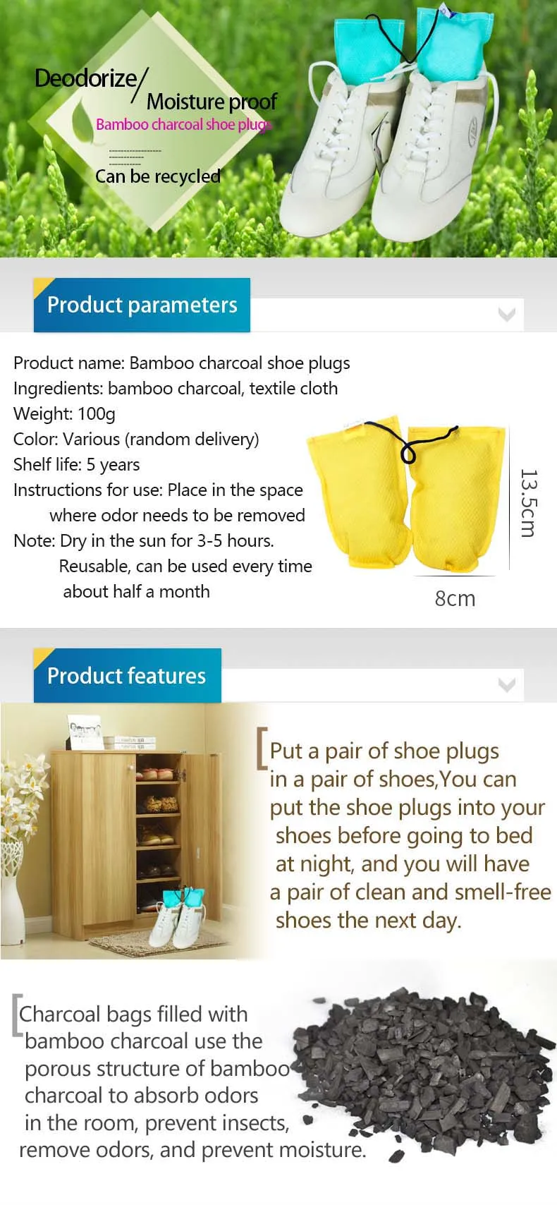 Bamboo Charcoal Shoe Inserts Activated Carbon Shoe Deodorizers Sweat Absorbing Odor Eliminator Moisture Absorbing Shoe Dryer view 2