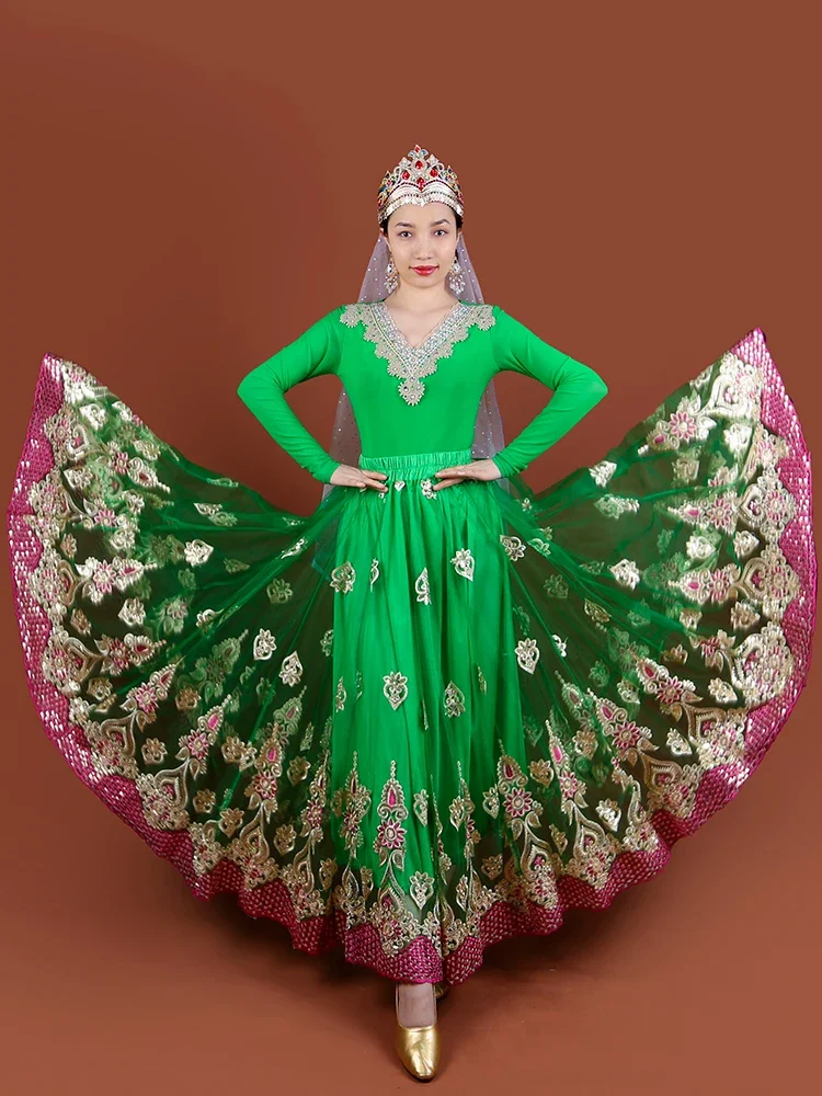 

Новая сетчатая юбка для танцев Синьцзян с вышивкой, большая распашная юбка, этнические характеристики, роскошная длинная юбка, юбка для танцев Uighur