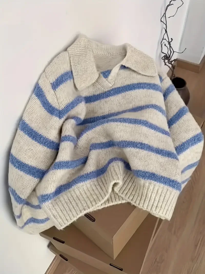 Women's Fashion Casual POLO Collar Striped Knitted Hoodie Soft and Comfortable Intercolor Sweater