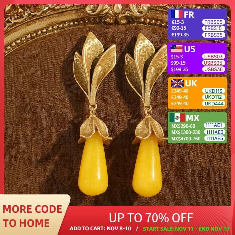 

Vintage Beeswax Yellow Water Droplets Earrings Palace Antique Gold Color Leaves Natural Stone Luxury Designer Jewelry 2025 Trend