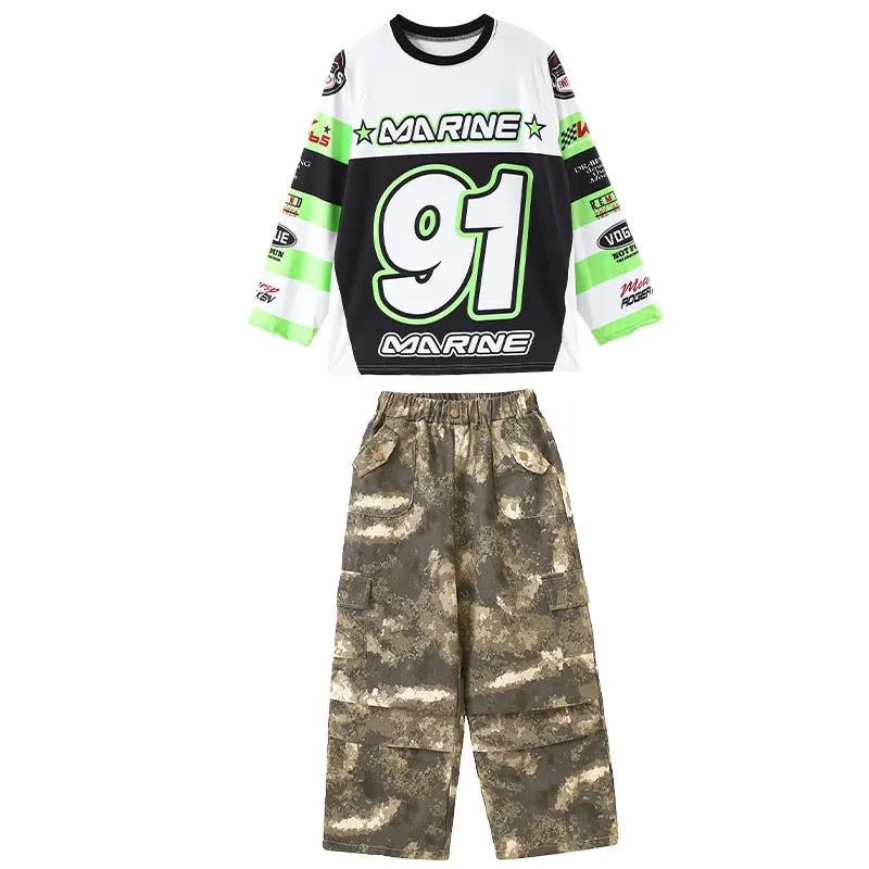 Novas meninas legal k-pop moletom verde calças de carga outfit meninos hip hop rua dança conjuntos roupas grupo jazz streetwear trajes