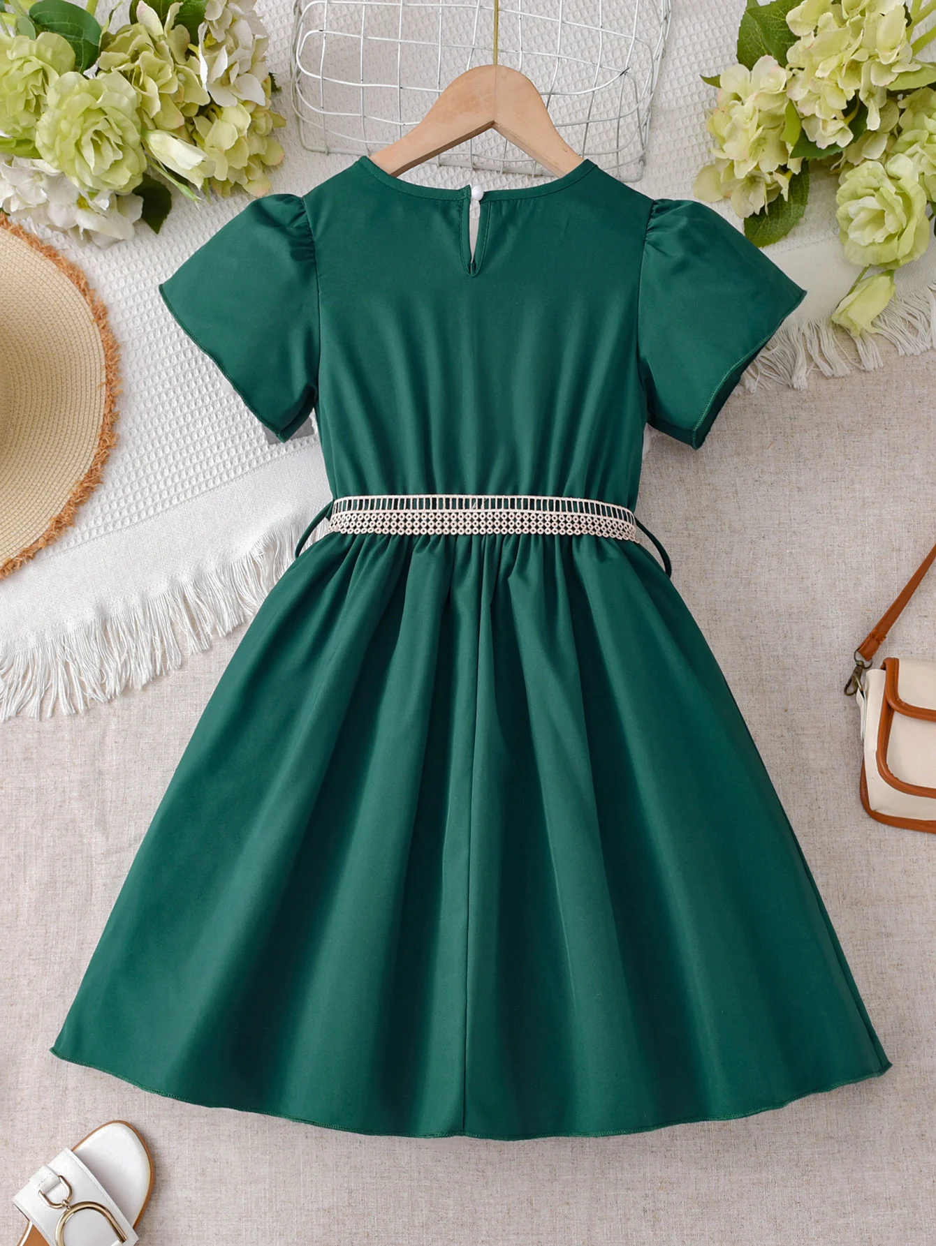 Flower embroidery embroidery dress elegant lace belt dress for summer girls