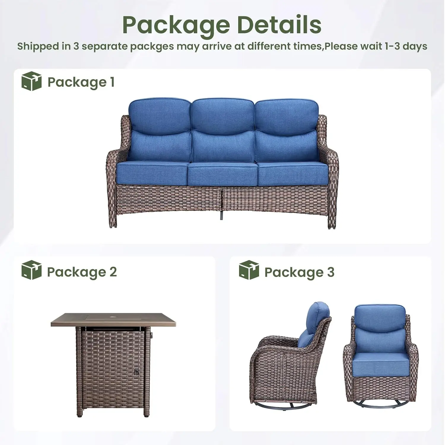 Thick Cushion Wicker Patio Set with Fire Pit Swivel Chairs Sofa 4pcs Outdoor Conversation Set for Deck Yard Poolside, Customized