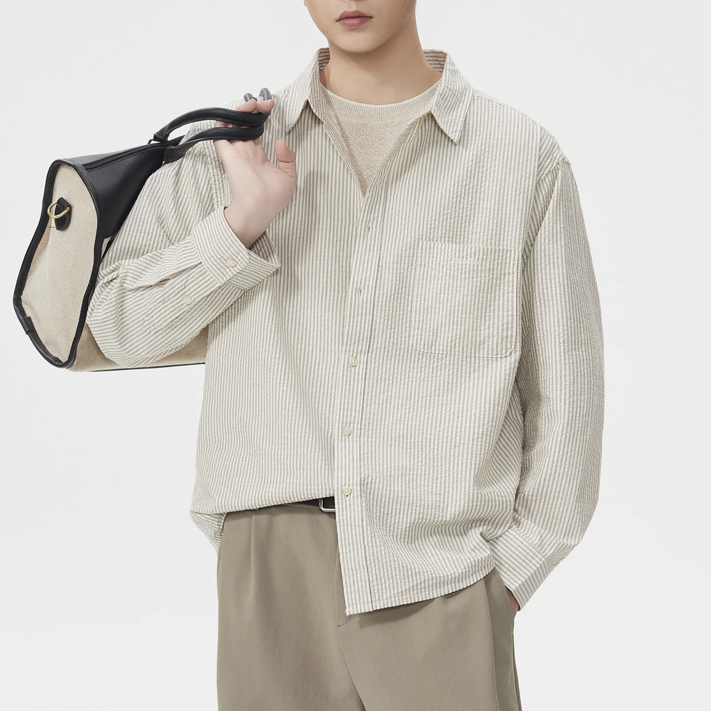 

Men Fashion Vintage Commute Loose Casual Long Sleeve Stripe Shirts Male Women Couple Shirt Blouses Pure Cotton Seersucker Shirt